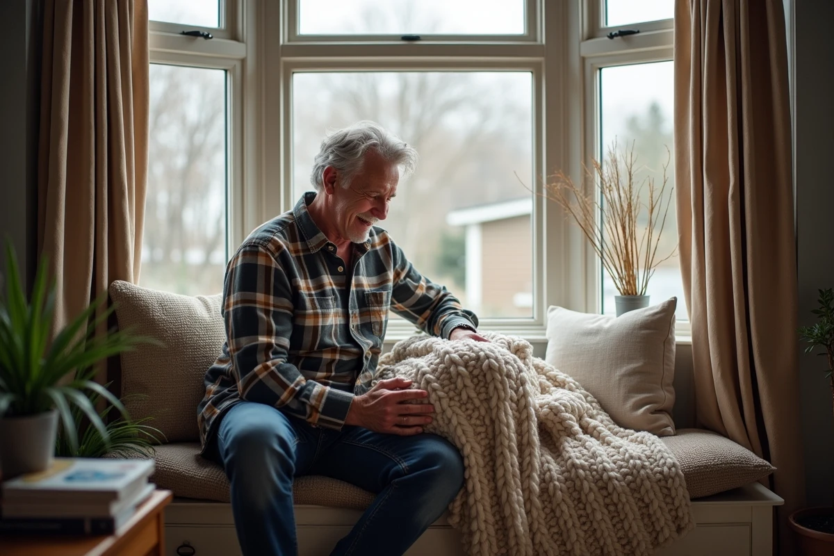 Homme arrangeant coussins dans un coin cosy