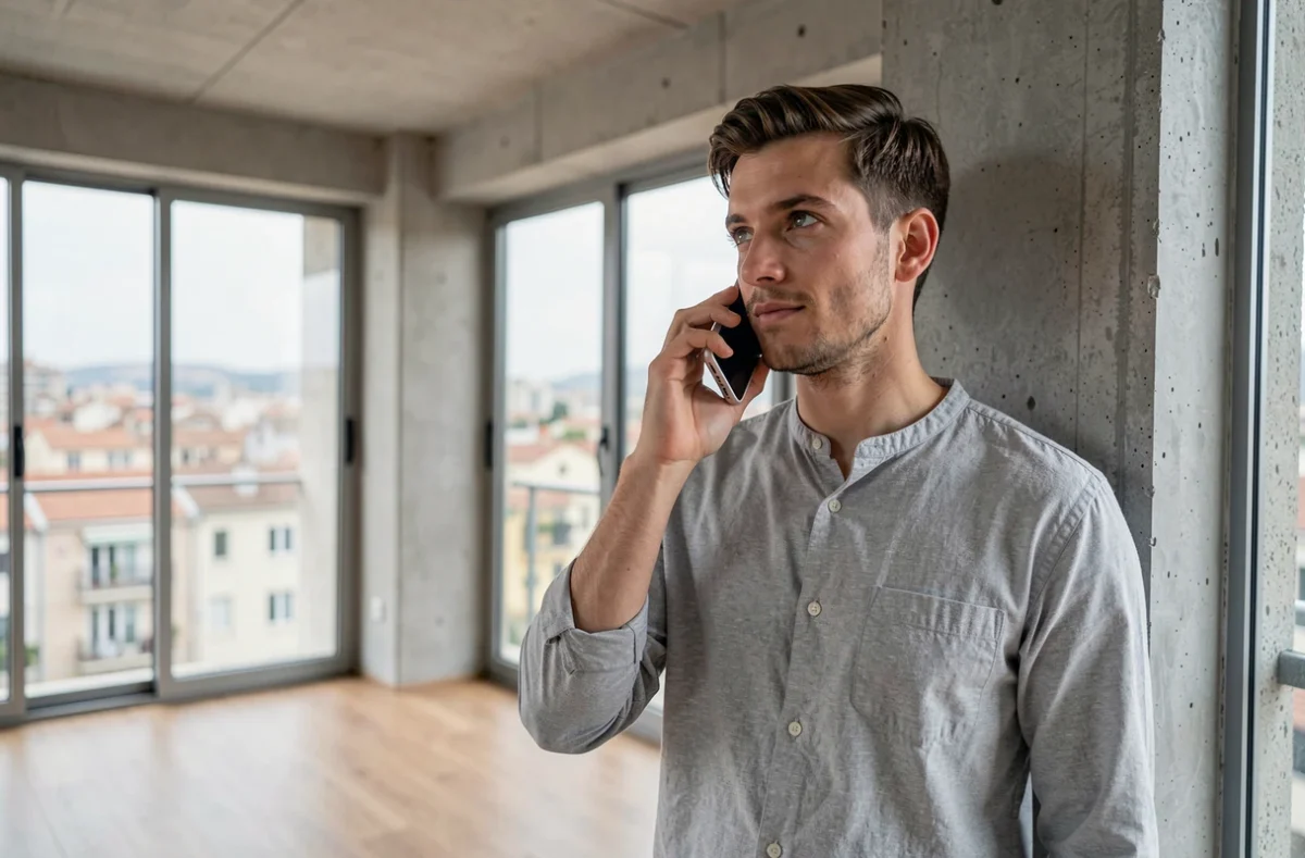 Jeune homme passant un appel téléphonique depuis son appartement moderne dans une ville du sud de la France avec un numéro 04