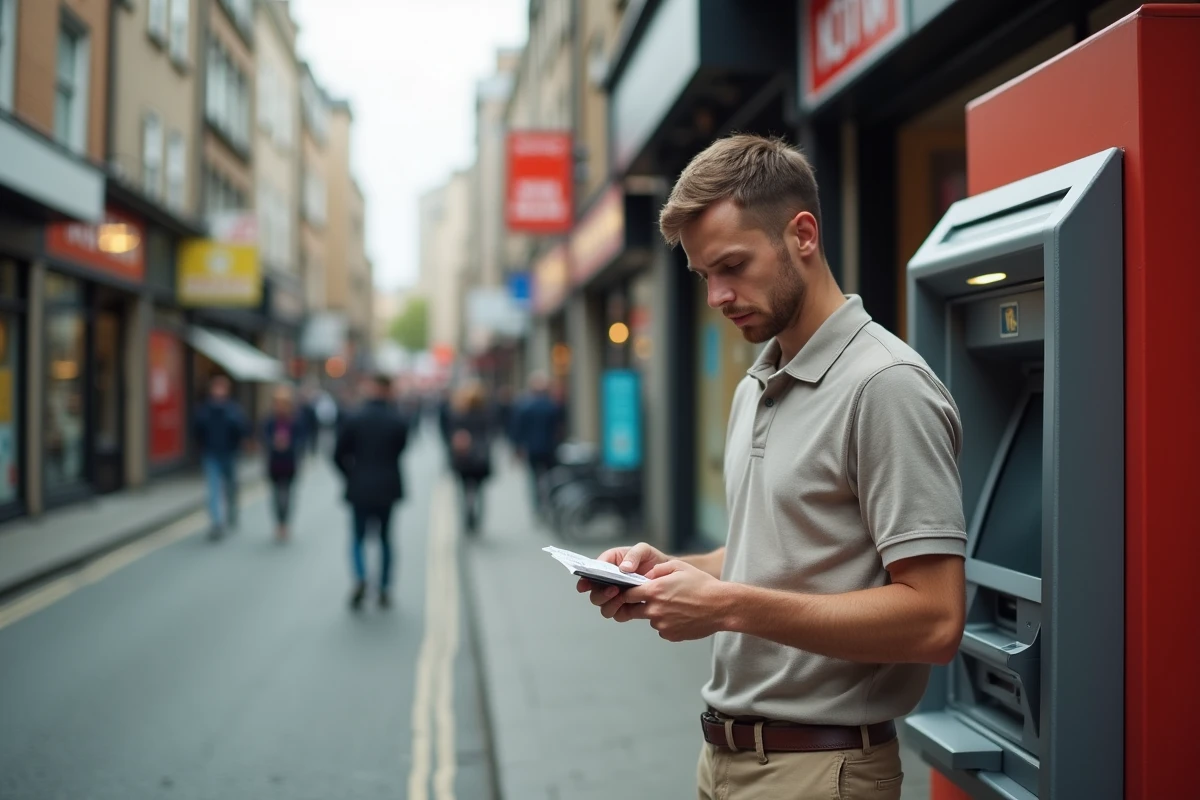 Homme vérifiant son reçu bancaire devant un distributeur