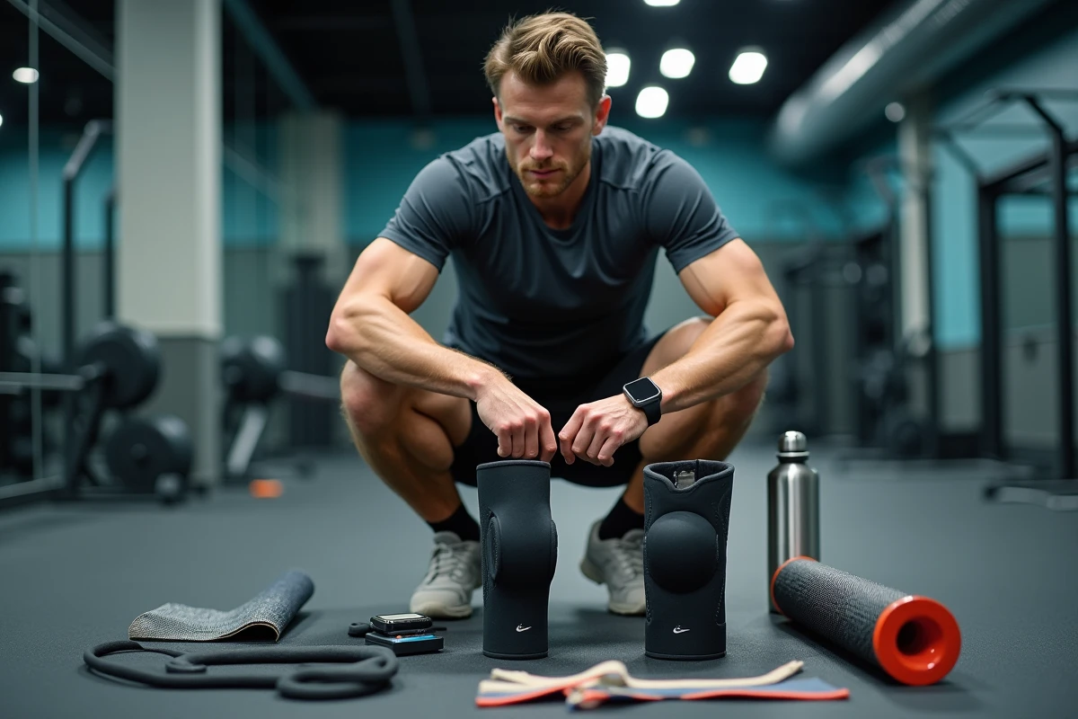 Homme sportif comparant des équipements de fitness et protections articulaires dans une salle de sport