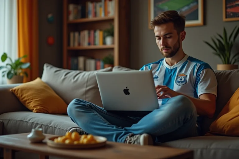 Jeune homme regardant un match de football à la maison