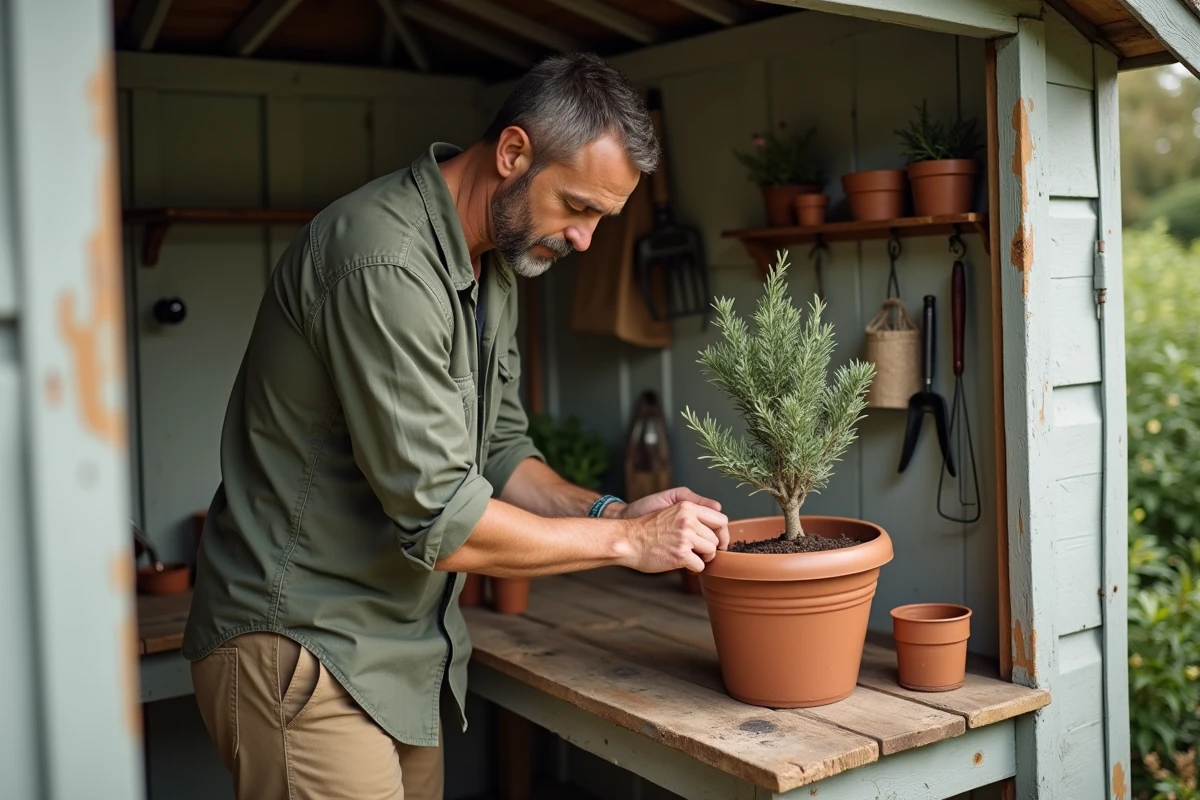 Homme rempotant un olivier dans un grand pot en céramique sur un établi de jardin en bois devant un abri de jardin rustique