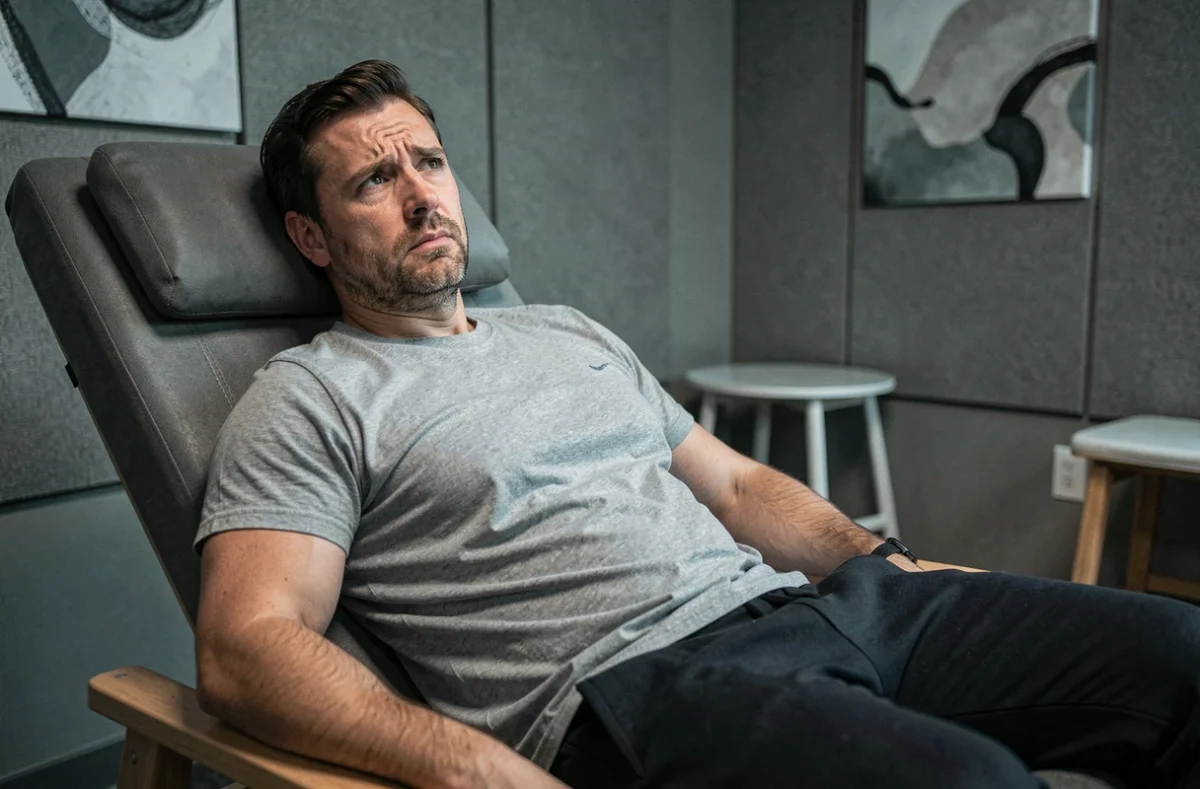 Homme allongé sur un fauteuil de sophrologie avec une expression d'inconfort émotionnel, illustrant les effets inattendus possibles de la sophrologie
