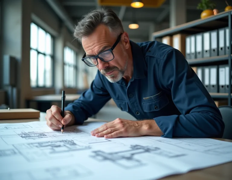 Ingénieur mécanicien annotant des plans techniques de machines industrielles dans un bureau de conception moderne
