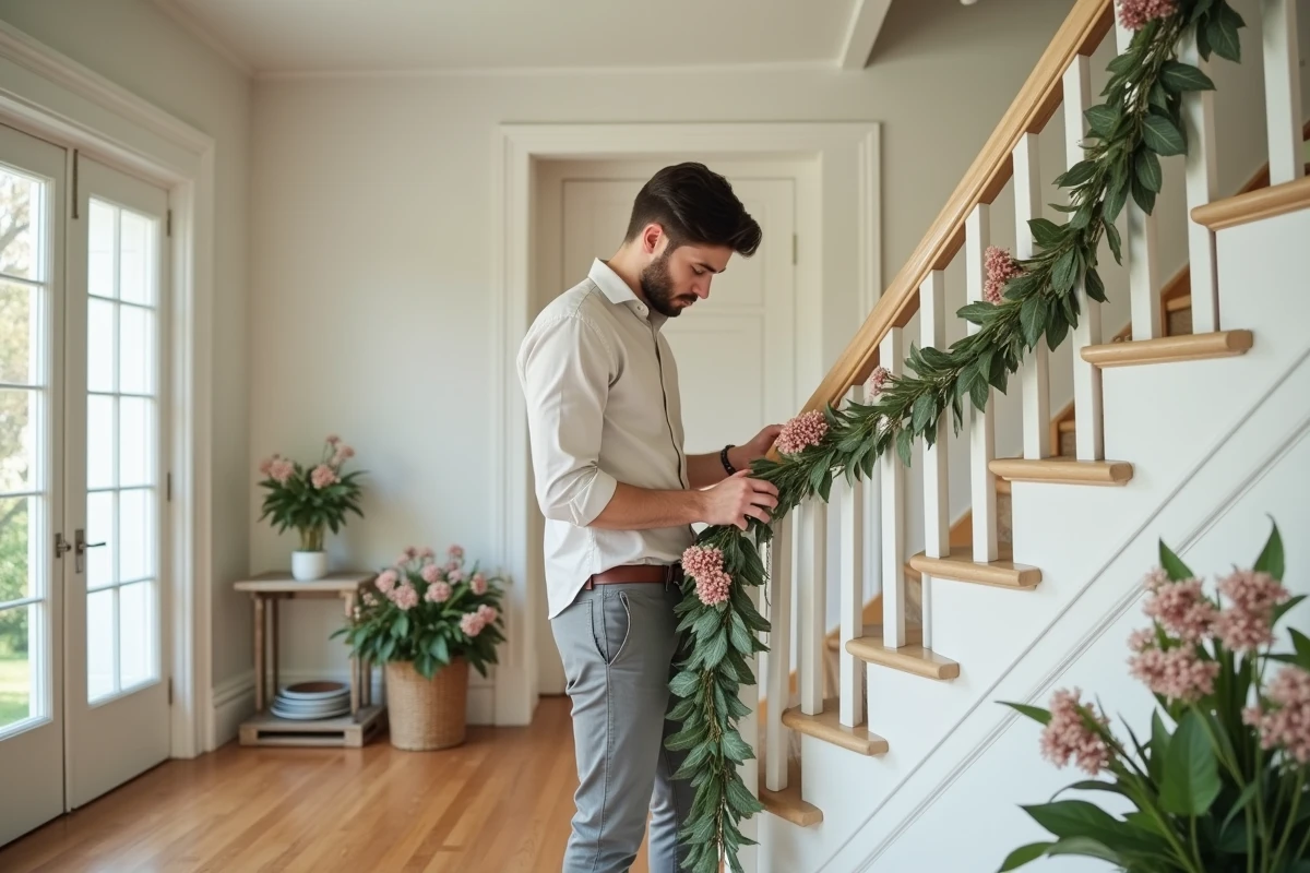 Jeune homme posant des guirlandes florales sur la rampe d