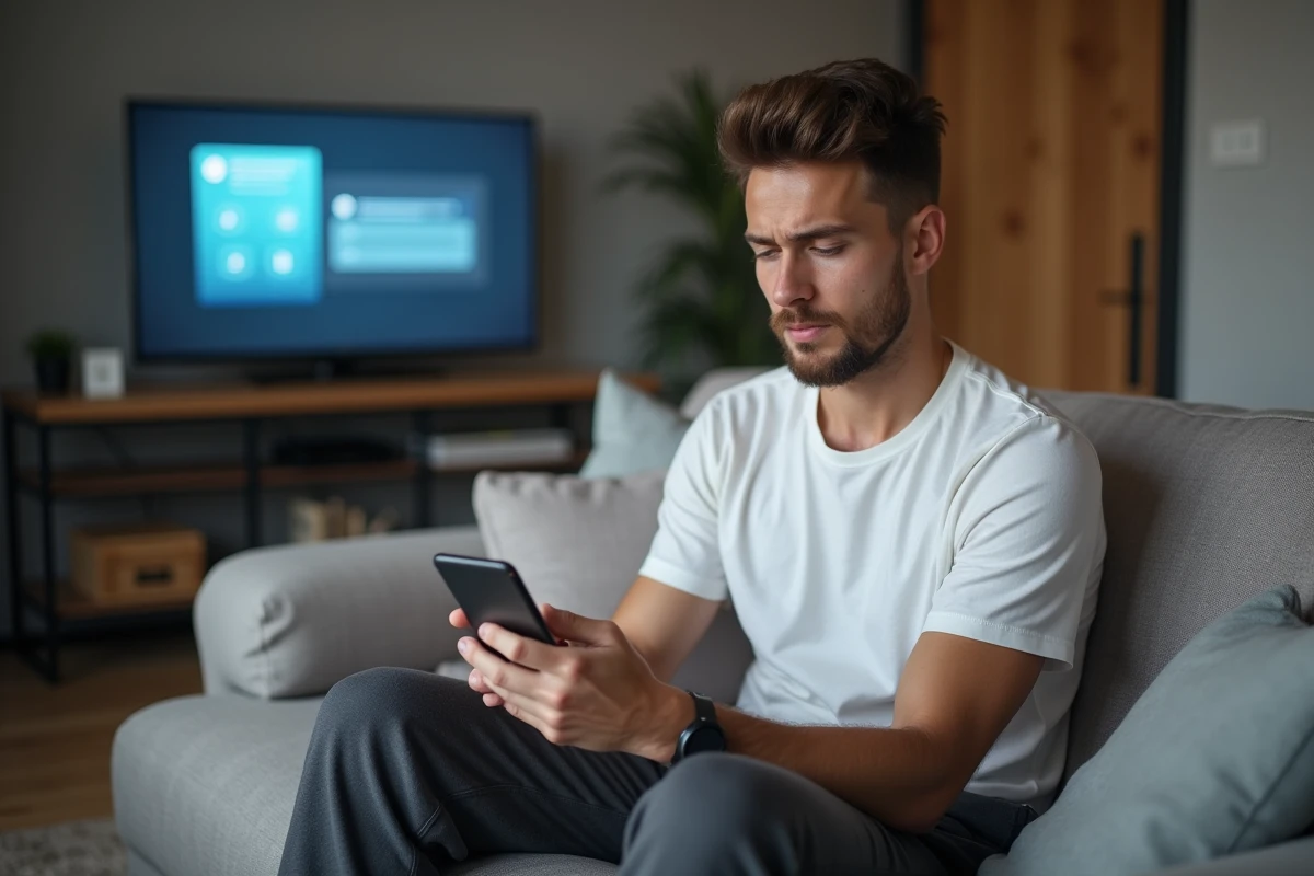 Jeune homme regardant une notification d'échec de synchronisation sur son smartphone avec une application cloud