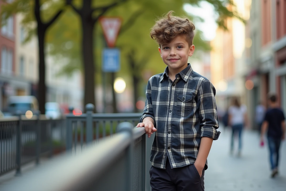 Jeune garçon urbain en coupe moderne en extérieur