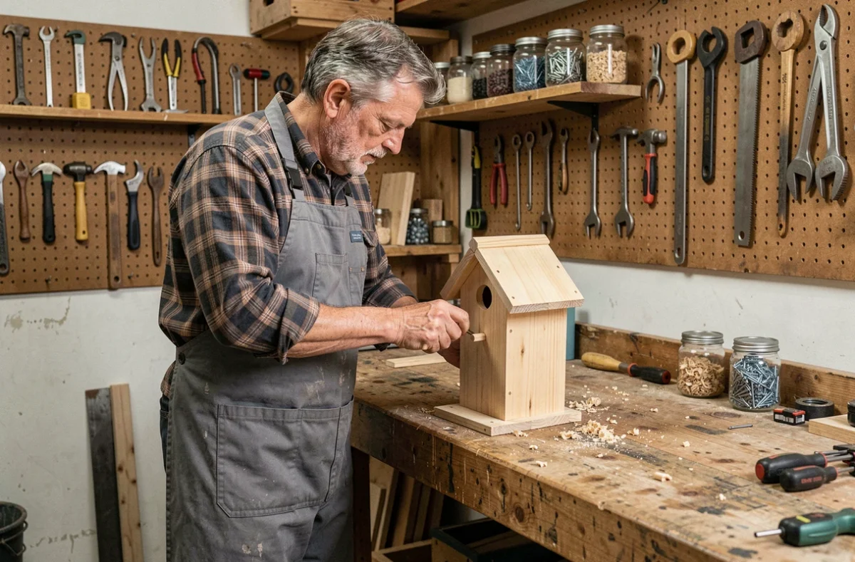 Homme assemblant une cabane à oiseaux en bois dans un atelier de bricolage organisé, représentant les loisirs manuels et le travail artisanal au quotidien