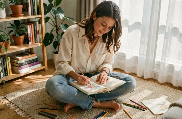 Femme dessinant dans un carnet d'art au sol dans un salon cosy, entourée de crayons de couleur, illustrant les loisirs créatifs au quotidien