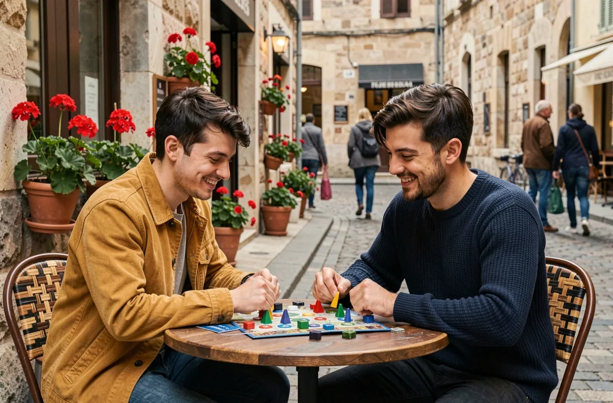 Deux amis jouant à un jeu de société en terrasse de café sur une rue pavée, illustrant les loisirs conviviaux et les moments de détente entre amis