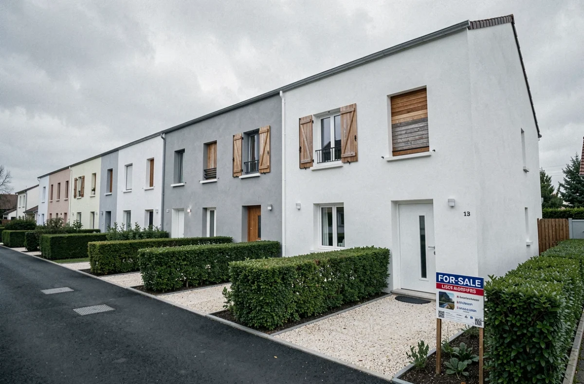 Rangée de maisons neuves dans un lotissement parisien avec panneau à vendre affiché devant une propriété