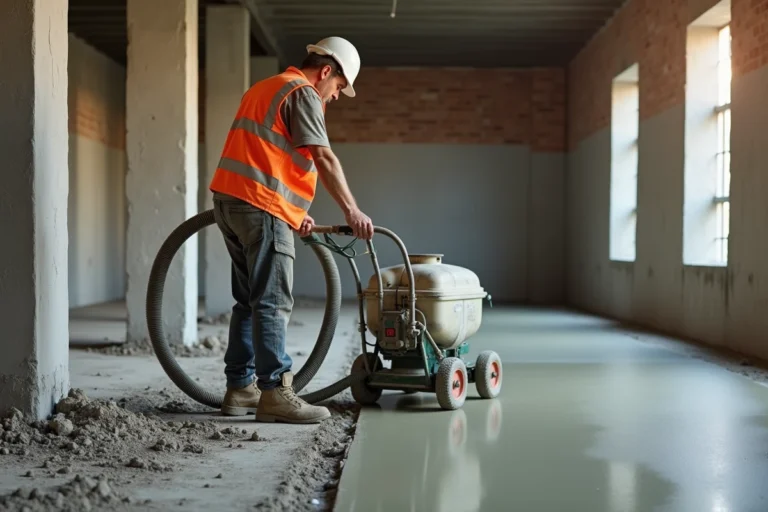 Ouvrier utilisant une pompe à chape sur un chantier de construction à Nîmes