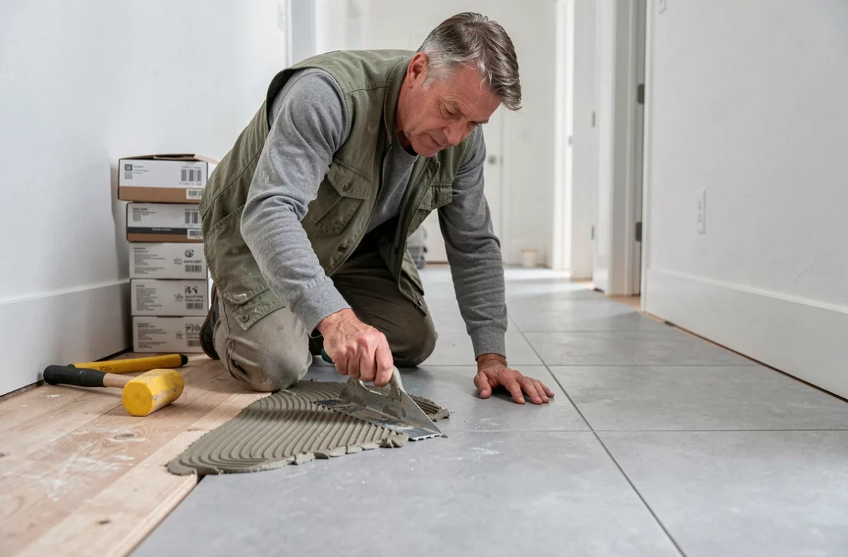 Artisan posant du carrelage en grès cérame dans un couloir pendant des travaux de rénovation