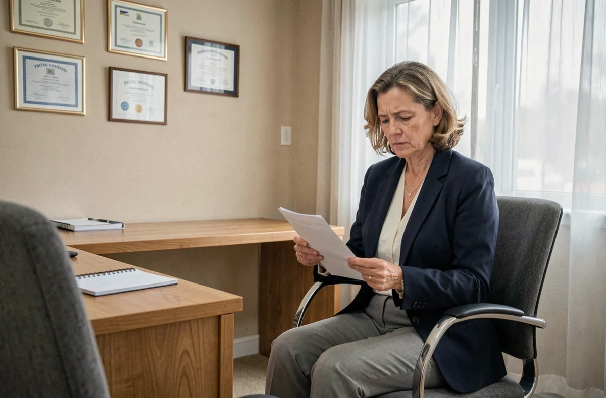 Praticienne en sophrologie consultant ses notes dans un cabinet professionnel, évoquant les aspects encadrés et les risques potentiels de la pratique