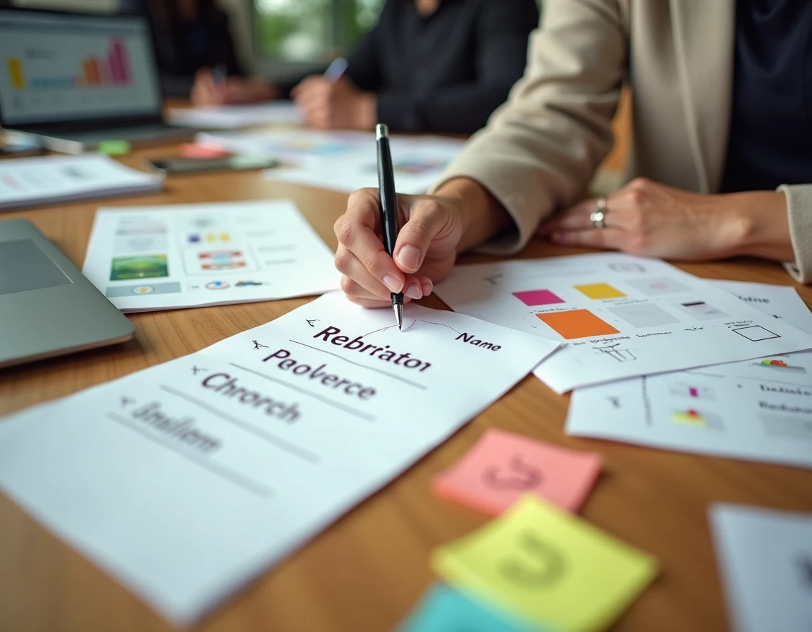 Vue de dessus d'une table de réunion avec des documents de rebranding, propositions de nouveaux noms et nuanciers de couleurs