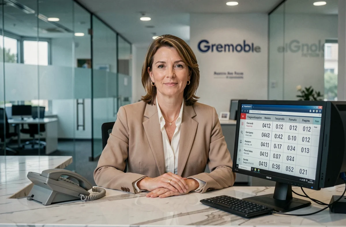 Réceptionniste professionnelle dans un bureau d'entreprise consultant un annuaire de numéros téléphoniques français en 04 12