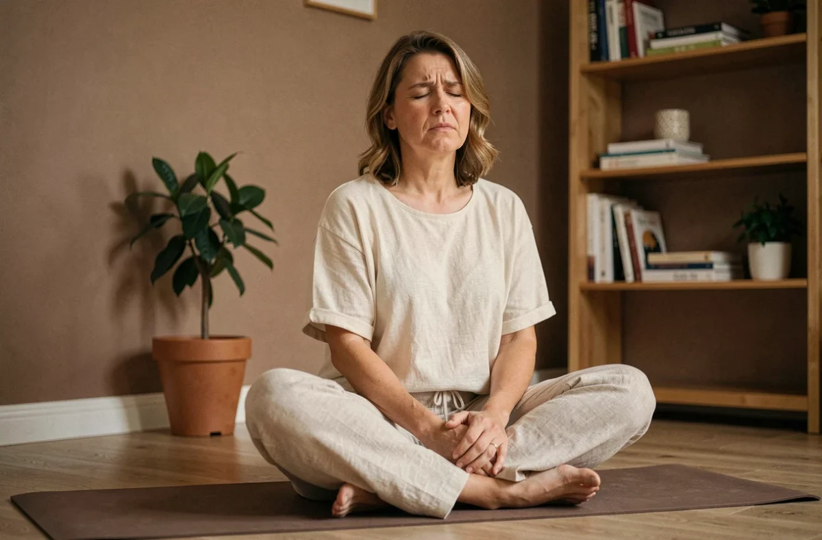 Femme pratiquant la sophrologie avec une expression de tension intérieure dans une salle de thérapie apaisante