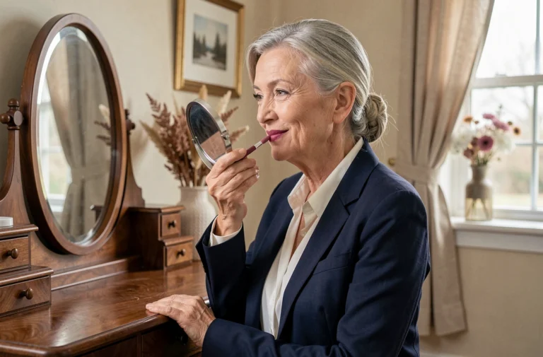 Femme mature aux cheveux argentés appliquant un rouge à lèvres rose profond devant un miroir de coiffeuse vintage