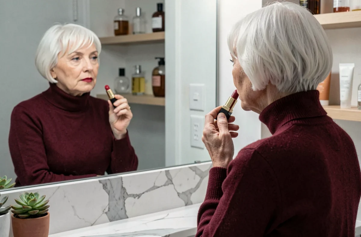 Femme élégante de plus de 60 ans avec un carré blanc appliquant un rouge à lèvres rouge classique devant un miroir de salle de bain en marbre