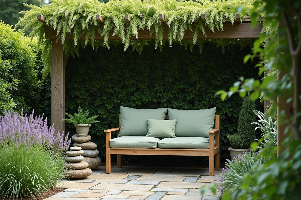 Coin salon de jardin en bois teck avec coussins en lin vert sauge entouré de lavande et d'une fontaine en ardoise dans un jardin verdoyant