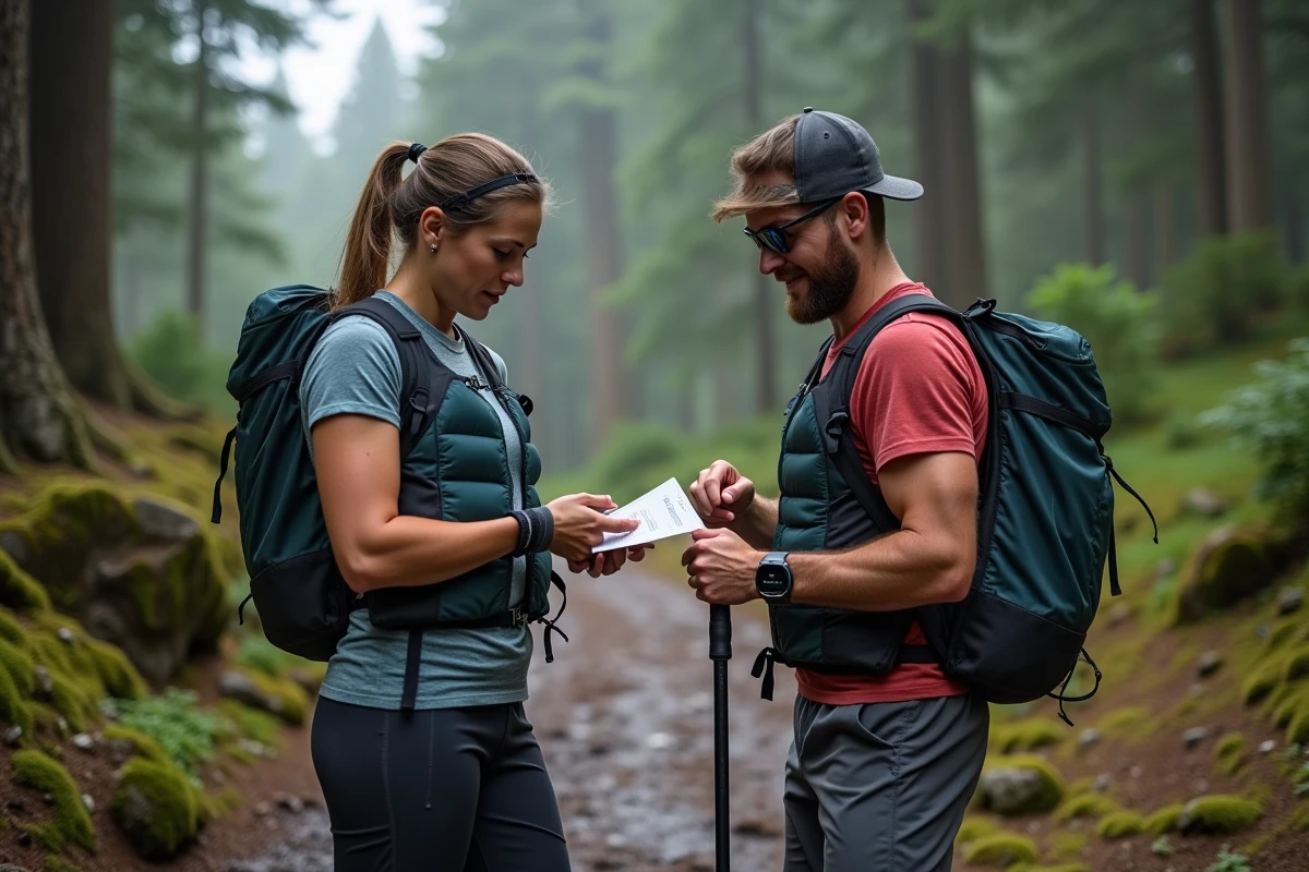 Deux sportifs en tenue de trail vérifiant leur équipement GPS et matériel avant une sortie en forêt