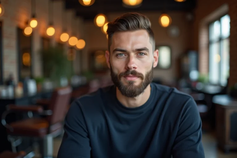 Homme aux cheveux courts avec une barbe bien taillée en style boxed beard dans un salon de coiffure moderne