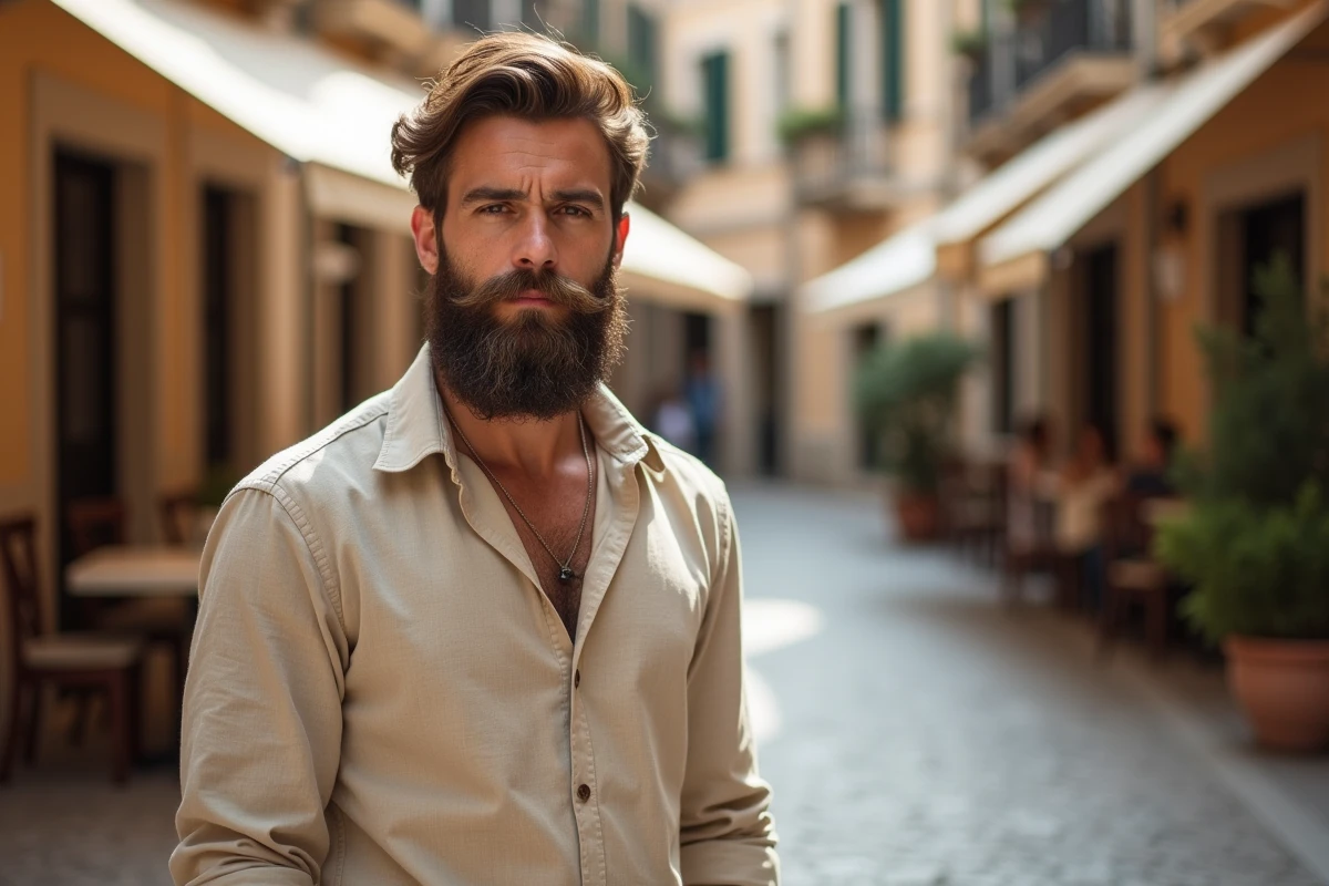 Homme barbu avec une barbe Garibaldi volumineuse en tenue décontractée dans une rue pavée européenne