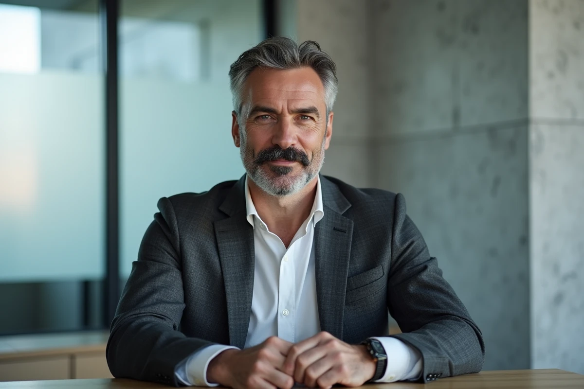 Homme mature avec une moustache chevron et une barbe courte poivre et sel en costume dans un bureau minimaliste