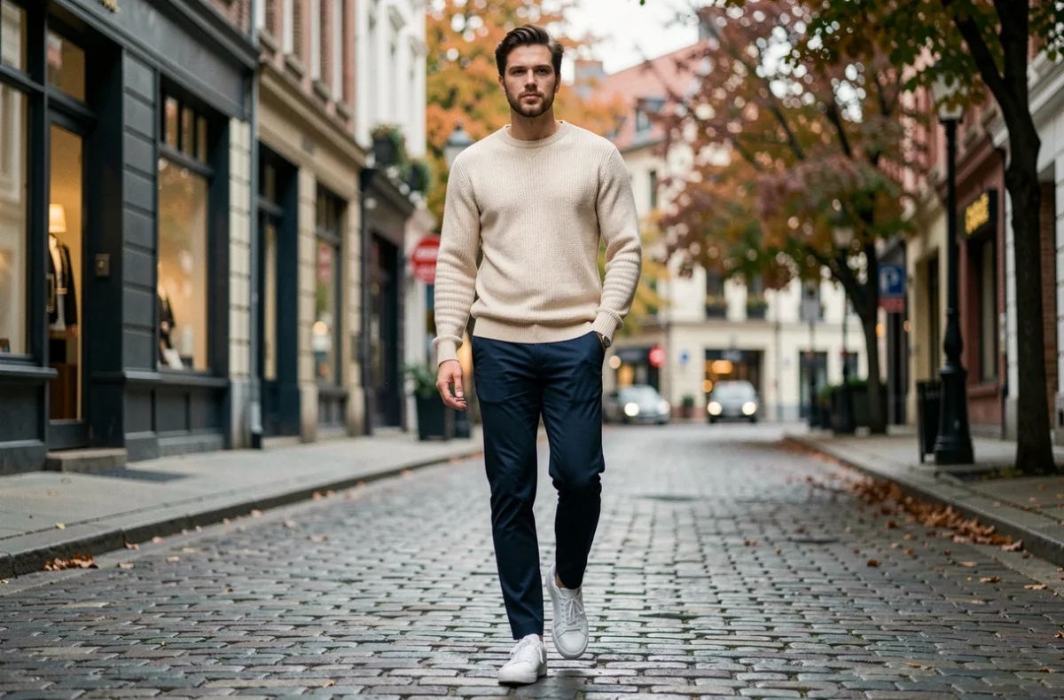 Homme stylé en tenue tendance urbaine marchant dans une rue pavée européenne aux couleurs automnales