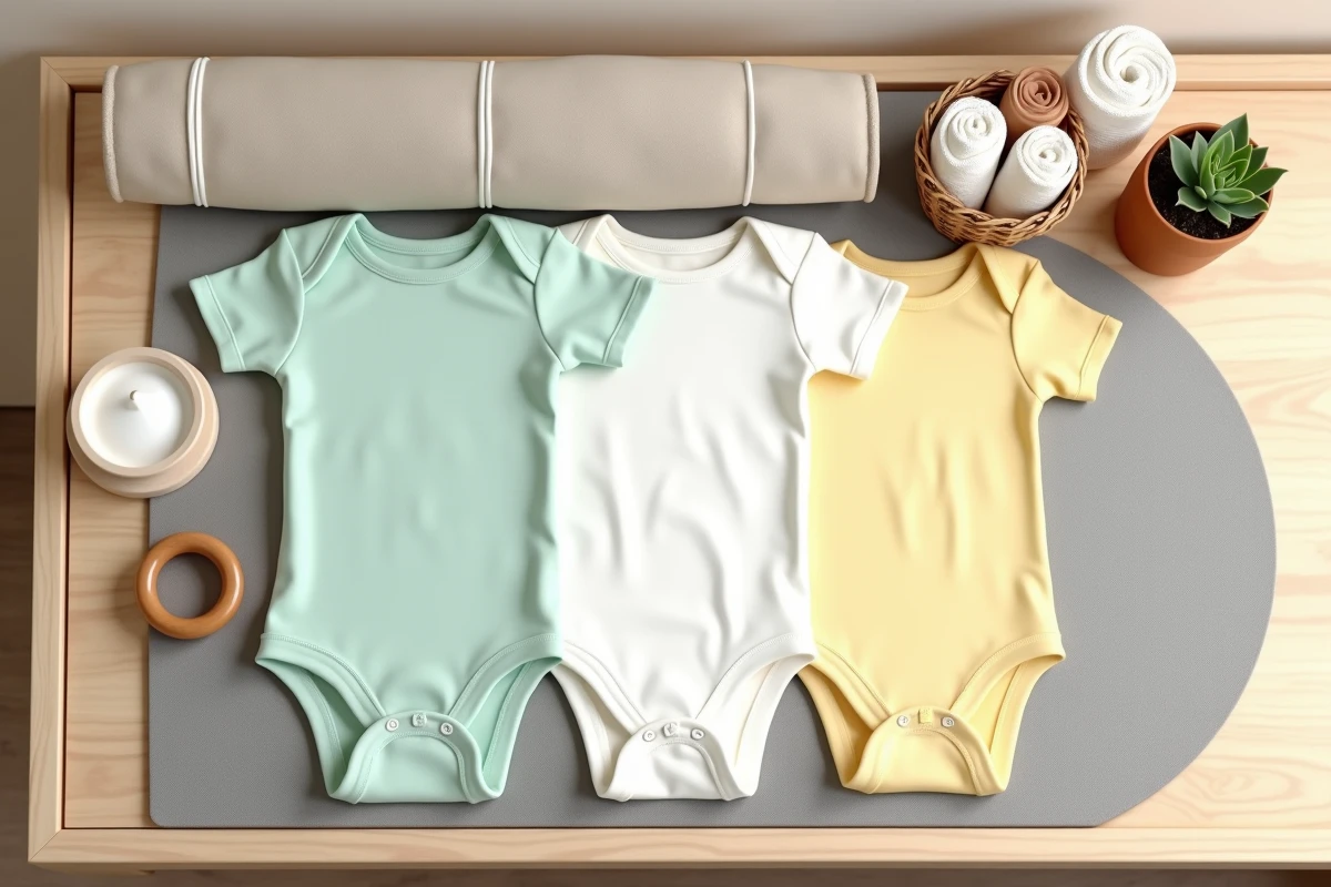 Flat lay de table à langer organisée avec bodys en coton bio, langes en mousseline et accessoires naturels pour bébé