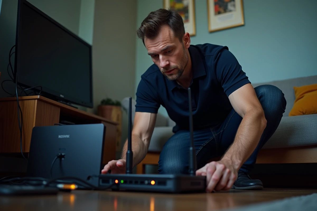Technicien informatique inspectant un routeur et des câbles réseau pour diagnostiquer un problème de connexion Internet