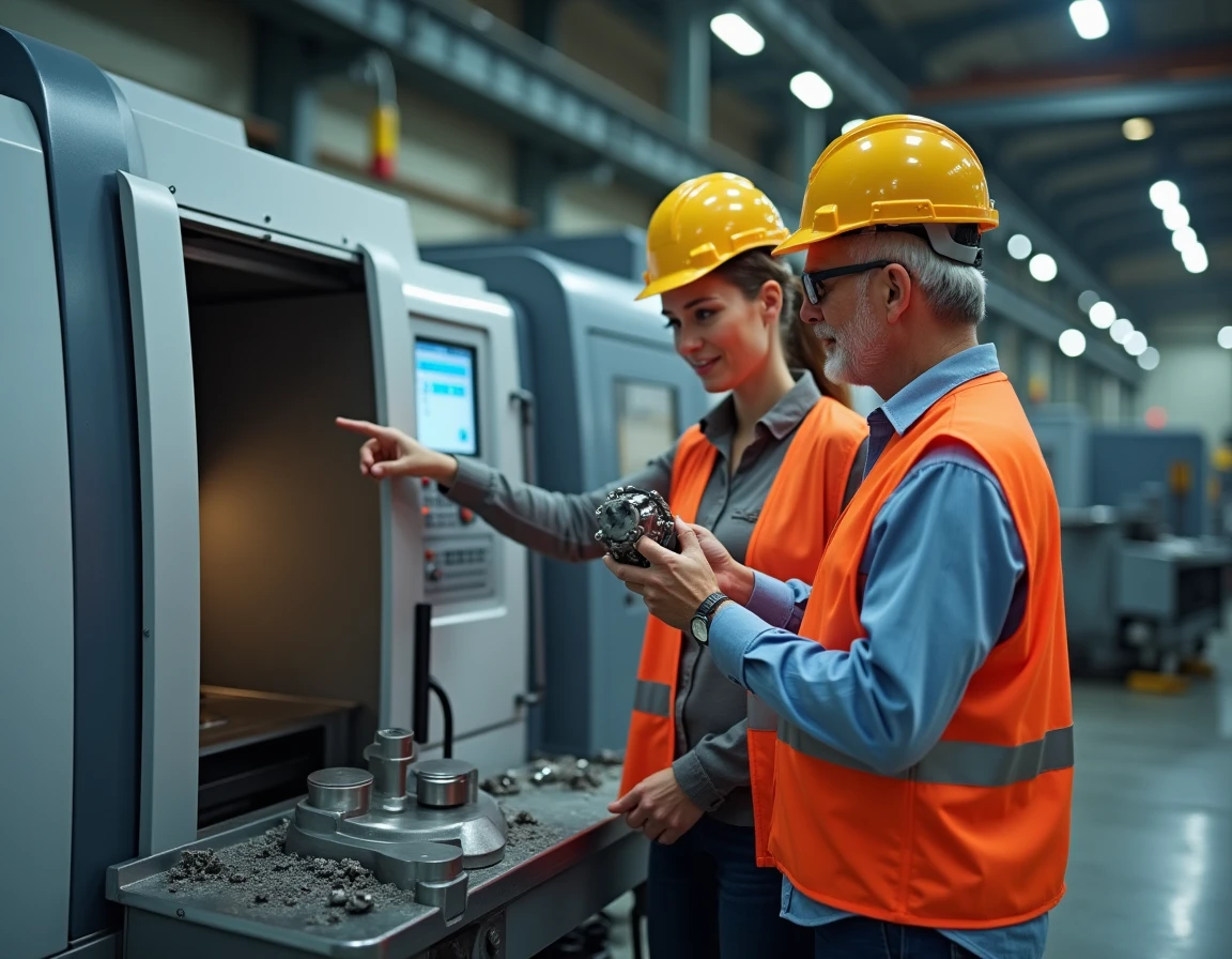 Deux techniciens industriels collaborant devant une machine CNC lors de la fabrication de pièces mécaniques en usine