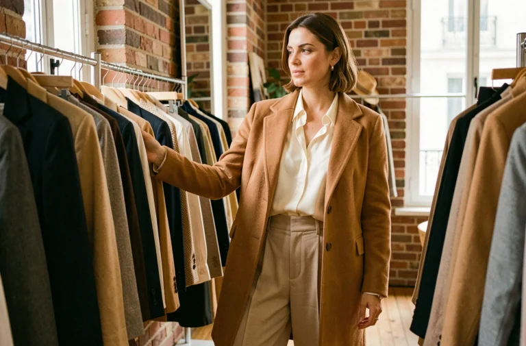 Femme élégante en manteau camel découvrant les nouvelles tendances mode dans une boutique parisienne au style contemporain